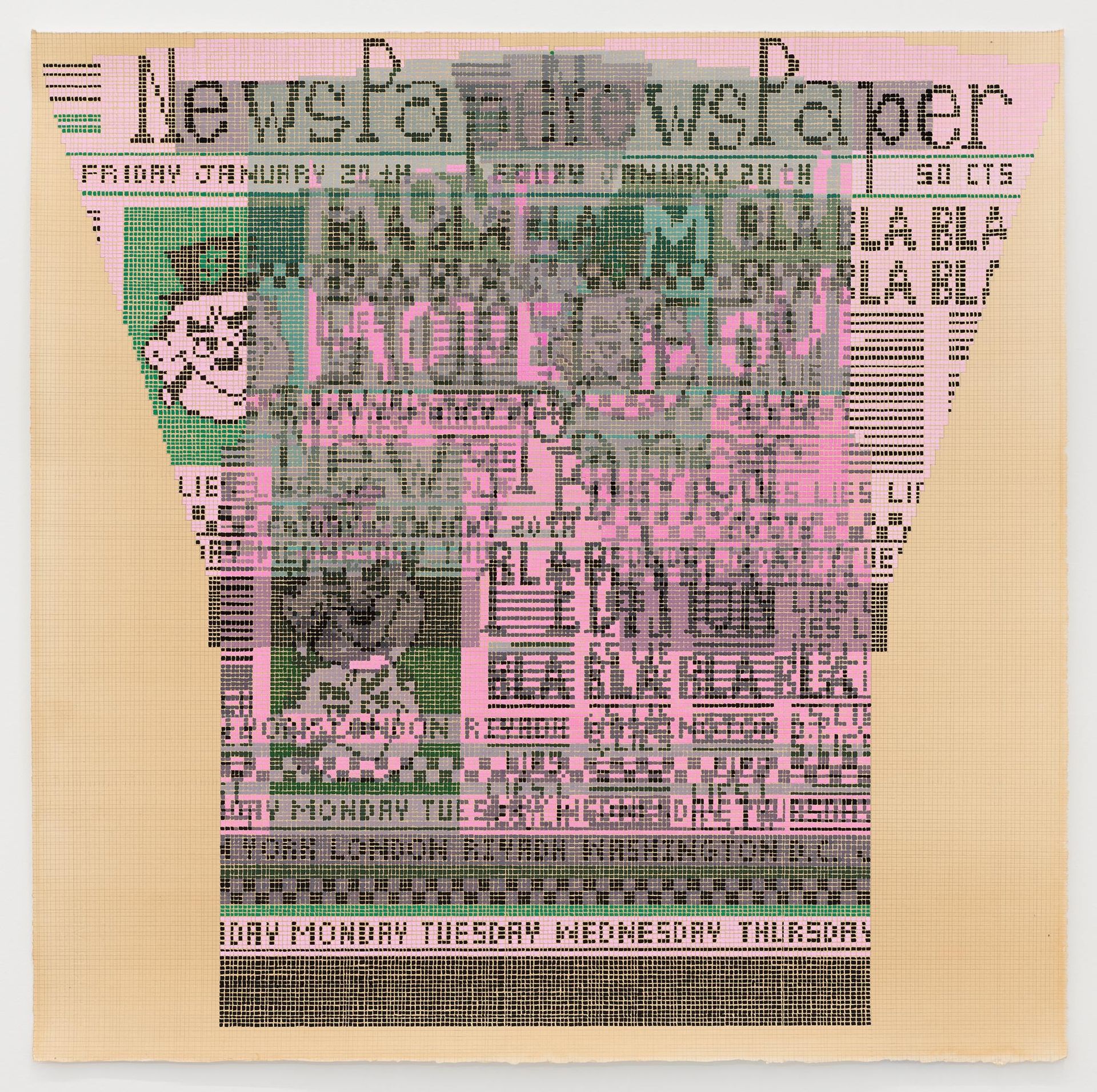 Ellen Lesperance, Bla, Bla Bla. Stop Lies!, 2019, gouache and graphite on tea stained paper, 75 x 75 cm, Courtesy the artist