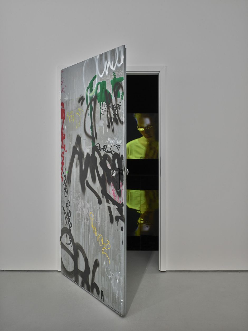 FORT, The Shining, 2014, Remake of the entrance door of Berlin techno club Berghain, dancefloor, video (9 minutes, HD, 16:9, sound), Courtesy: the artists and Sies + Höke, Düsseldorf, Photo: Achim Kukulies