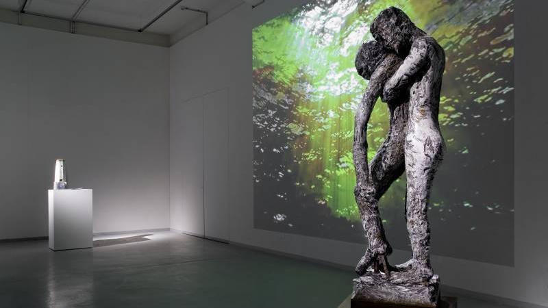 vorne : Markus Selg, Pietà, 2009, Taube vom westlichen Fenster, (Video), 2009, hinten links: Astrid Sourkova, Quelle am Ziel, 2008, Installationsansicht KAI 10 | Raum für Kunst, Foto: Roman März