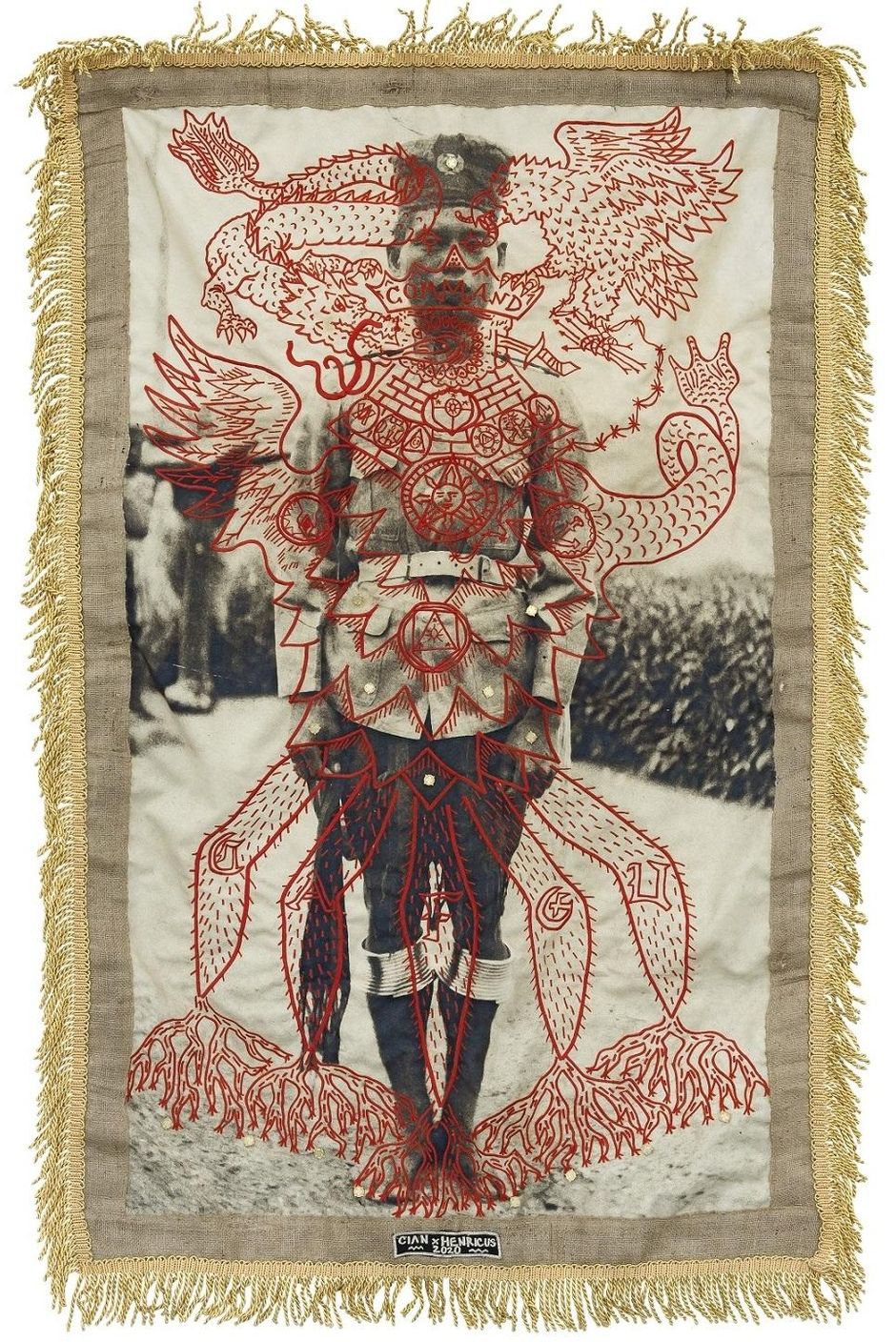 Cian Dayrit, Anatomy of Aggression II, 2020, embroidery on textile, 160 × 105 cm, in collaboration with Henry Caceres, Courtesy the artist and NOME, Berlin, Photo: Billie Clarken