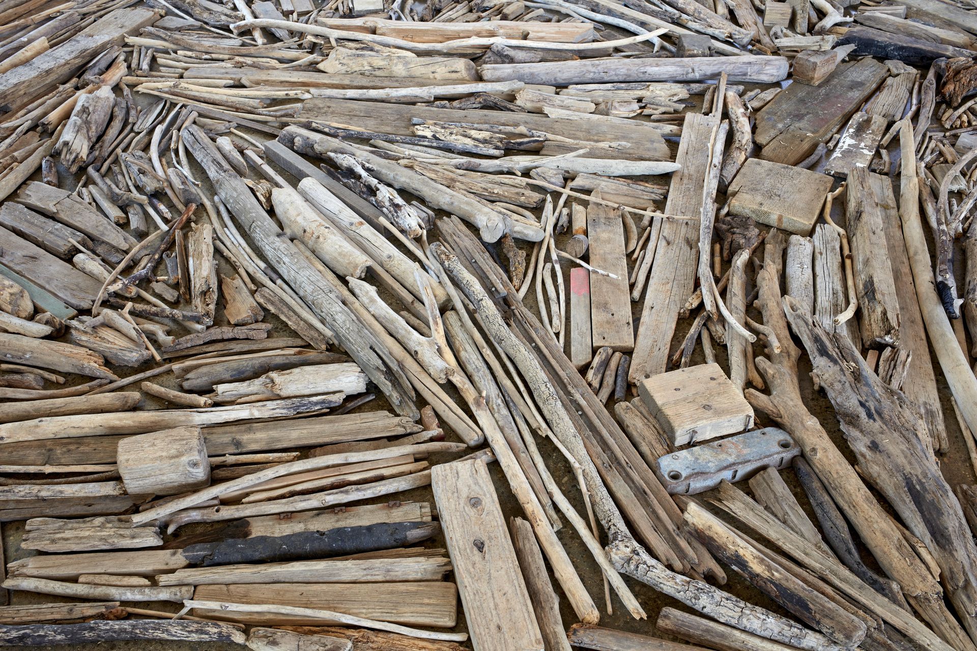 Richard Long, Rhine Driftwood Line, Ausstellungsansicht / Exhibition view, Skulpturenhalle Neuss, 2018, Photo: Stefan Hostettler & Moritz Wegwerth 