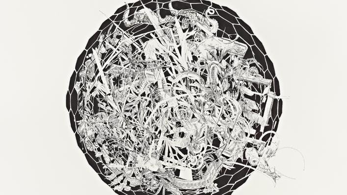 Bettina Krieg, ohne Titel, 2012, 150x150 cm, Tusche und Buntstift auf Papier, Courtesy Andrae Kaufmann Gallery, Berlin, Foto: Eric Tschernow © VG Bildkunst 2013