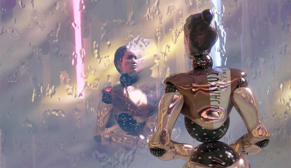 Echo Can Luo, Choco studio reshaping the face (Filmstill), 2020, Drei 48 Zoll LED-TVs, Lautsprecher, Eisenstange / Three 48 inch LED TVs, speakers, iron bar, Maße variabel / Dimensions variable, Courtesy die Künstlerin / the artist