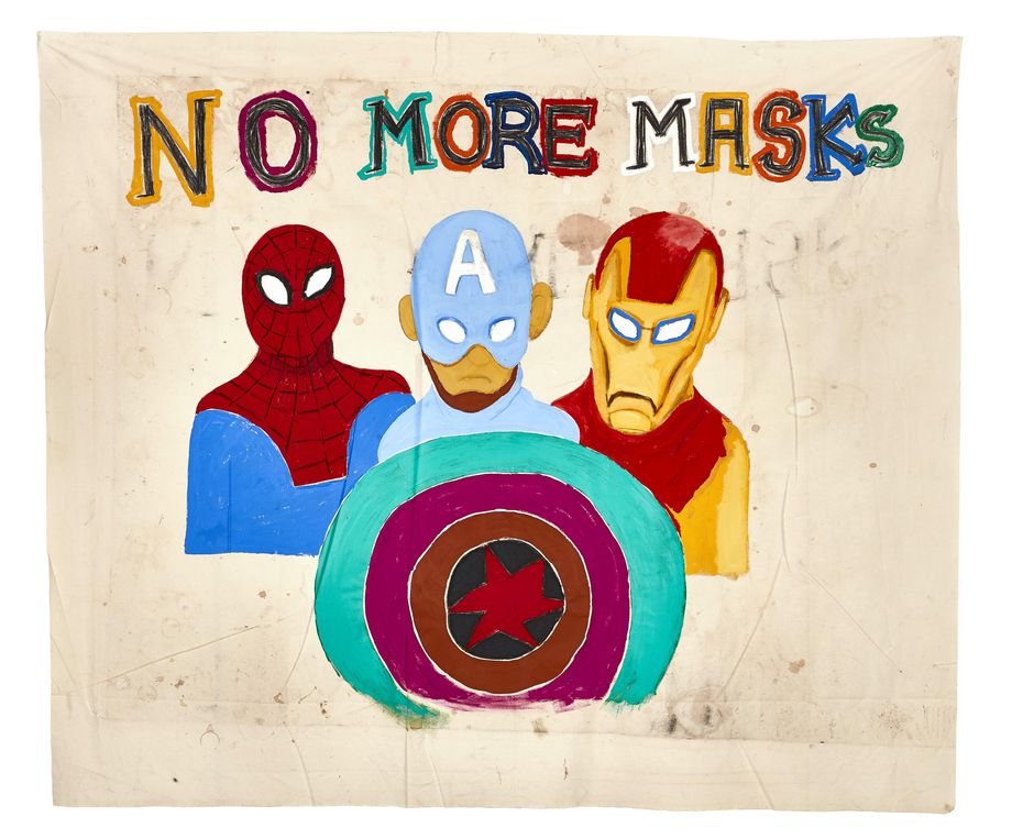 Juan Pérez Agirregoikoa, No more Masks, 2020, mixed media, dimensions variable, detail from: World Wall Tour: Propaganda, 2021, Courtesy the artist and Clages,  Cologne, Photo: KAI10 | ARTHENA FOUNDATION, Düsseldorf